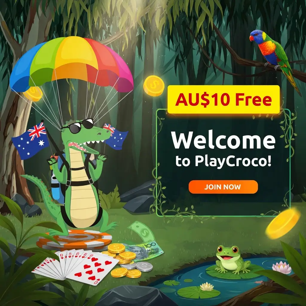 PlayCroco casino AU$10 free welcome bonus banner