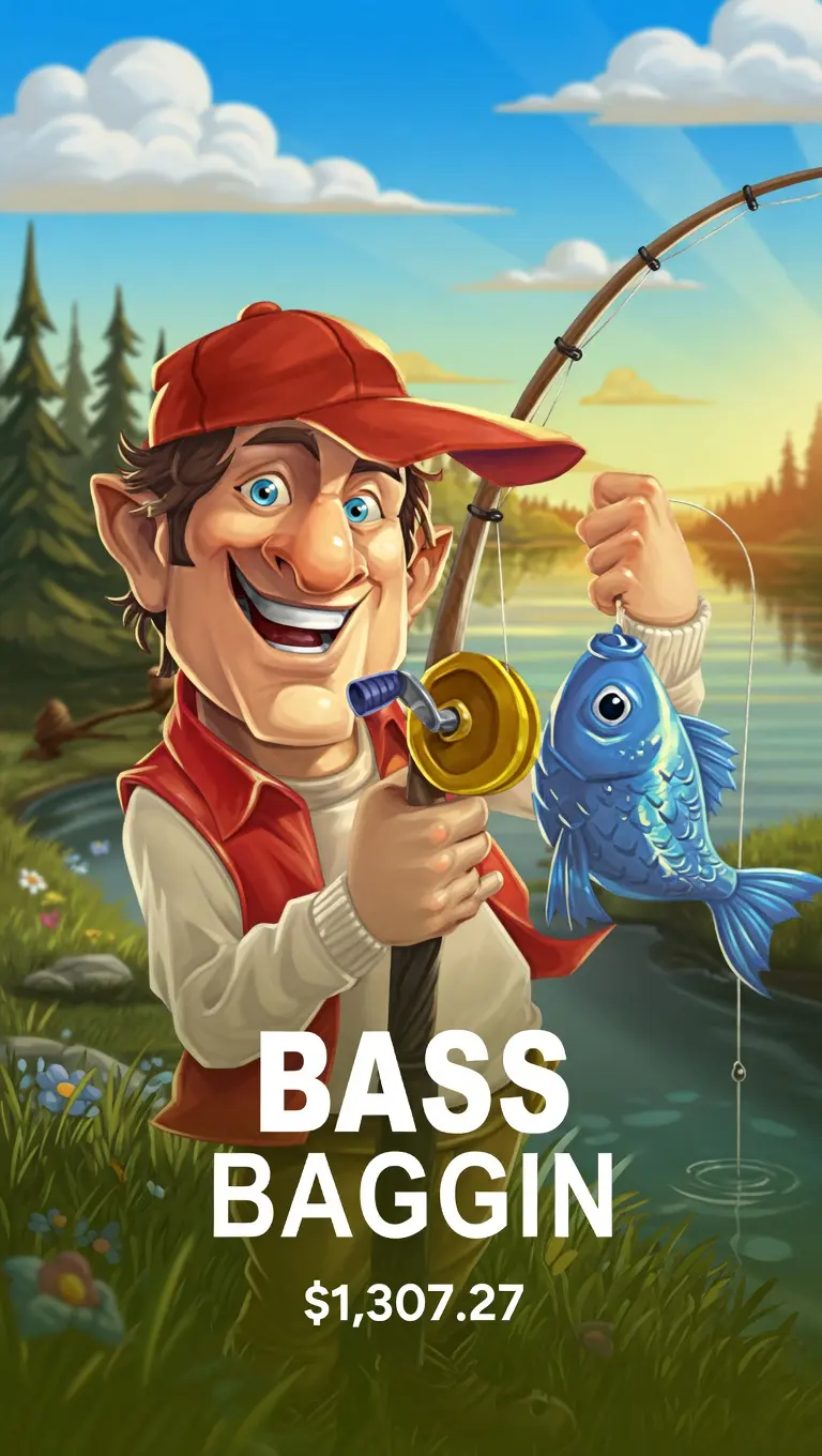 Bass Baggin slot game with fisherman catching a fishBass Baggin slot game with fisherman catching a fish