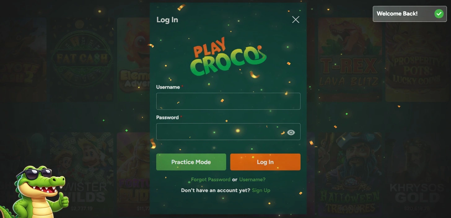 PlayCroco casino login page with username and password fields